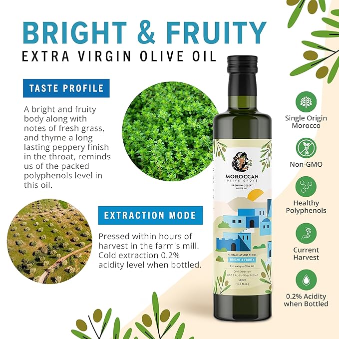 MOROCCAN OLIVE GROVE - The Blue Olive Oil, Bright & Fruity Desert Olive Oil Extra Virgin, Versatile