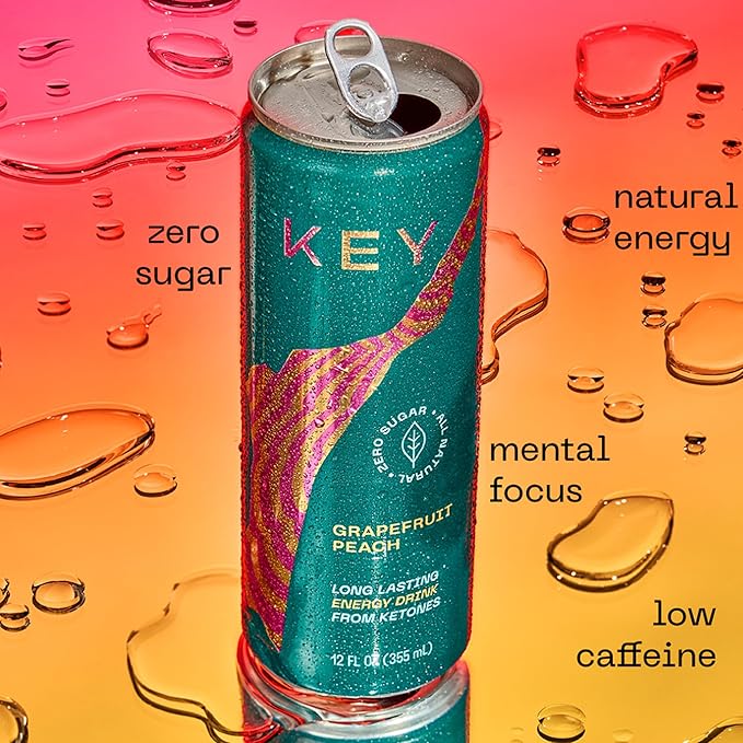 KEY Ketone Energy Drink : Sugar Free, 80mg Low Caffeine, All Natural, 11.5g Ketones, Long Lasting