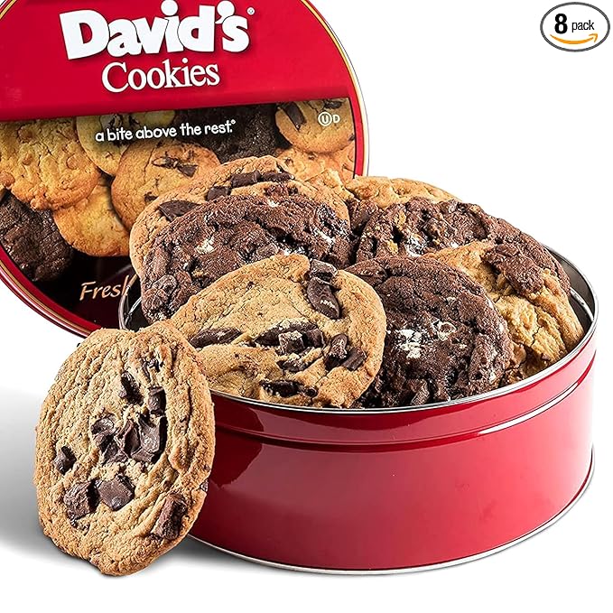 David's Cookies Assorted Fresh Baked Decadent Cookie Gift Tin – 2lb Basket with 8 Jumbo Cookies