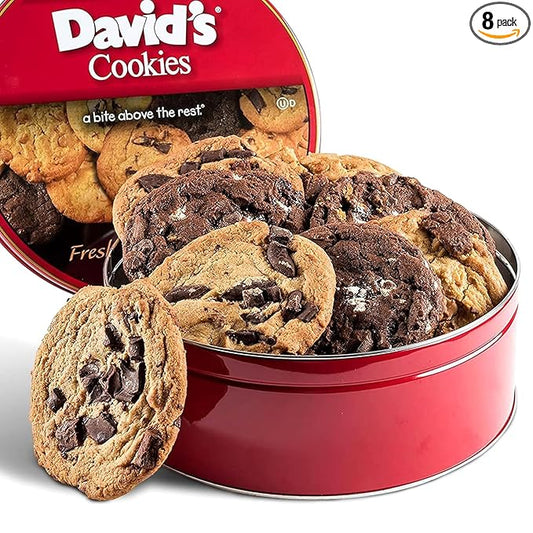 David's Cookies Assorted Fresh Baked Decadent Cookie Gift Tin – 2lb Basket with 8 Jumbo Cookies