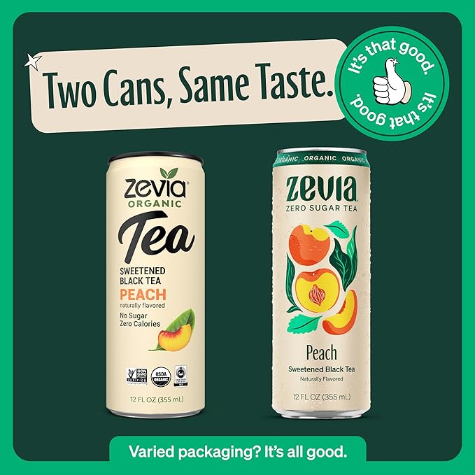 Zevia Zero Sugar Tea, Black Tea with Peach, 12 oz Cans (12-Pack) – Naturally Sweetened, Zero