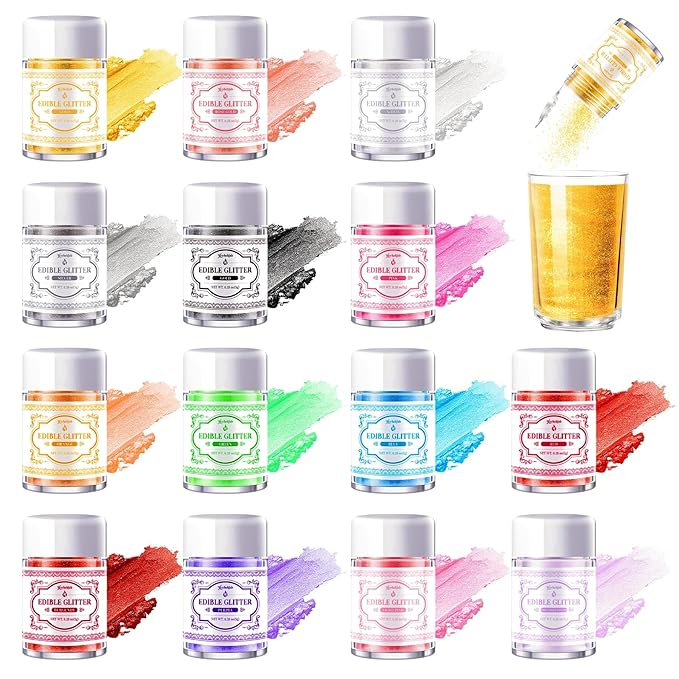 Edible Glitter for Drinks ??14 Colors Luster Dust, Food Grade Cocktail Shimmer Powder for Cakes