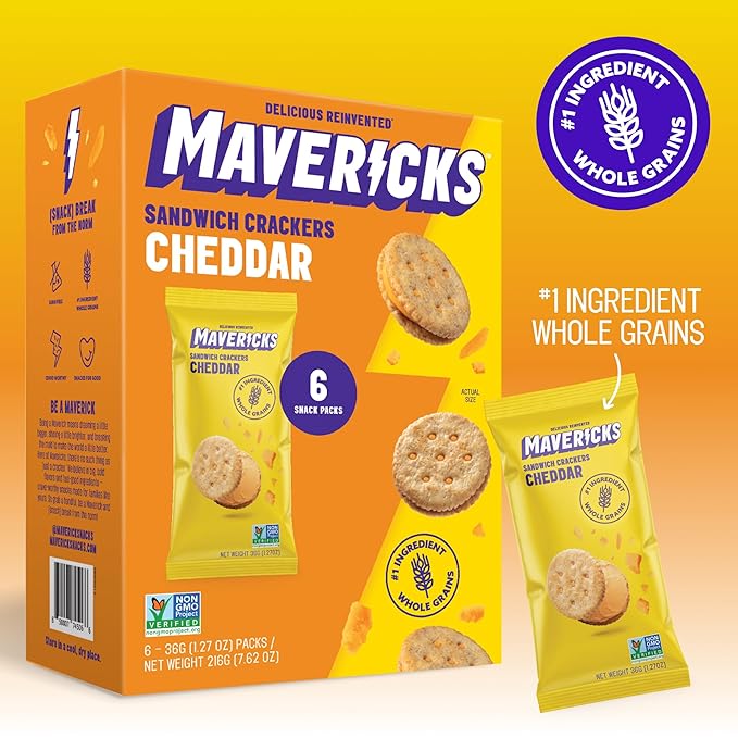 Mavericks Sandwich Crackers Cheddar - Cheese Filled Whole Grain Sandwich Cracker Snack Packs