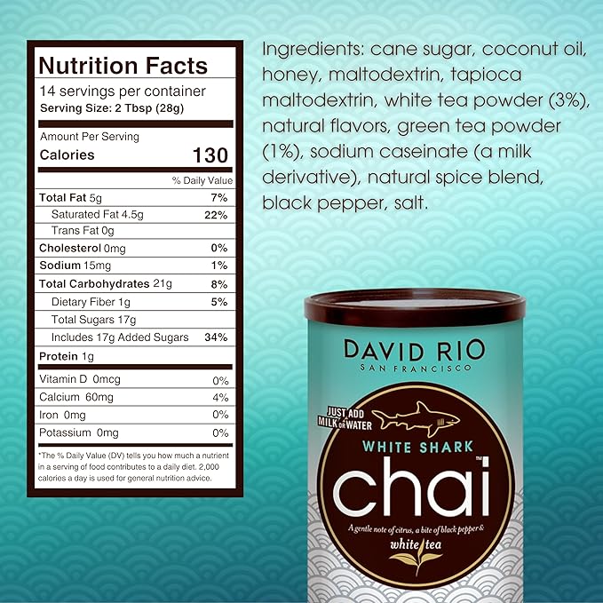 White Shark Chai Tea Latte Mix, 14 Oz, White Tea, Organic Spices, Dairy Free, Serve Hot or Cold