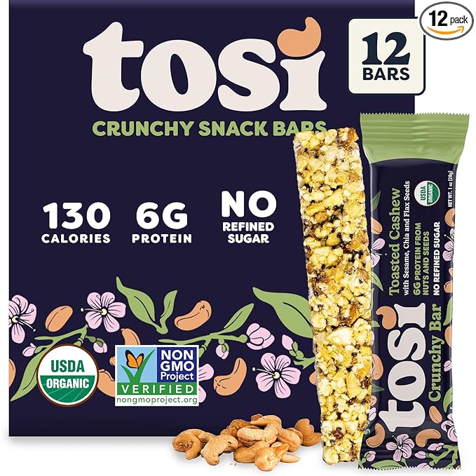 Tosi Cashew Protein Bars, Plant Based with Nuts, Gluten-Free Crunchy Snacks, Vegan, Organic, Flax &