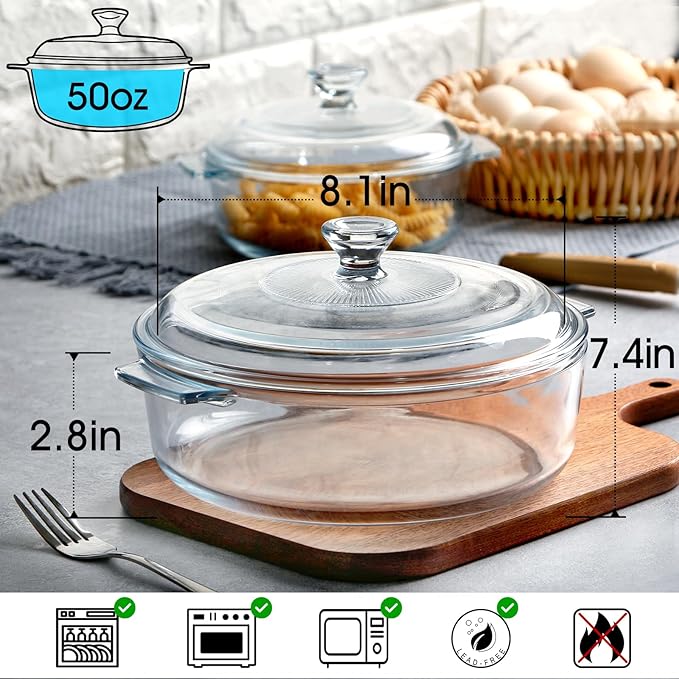 NUTRIUPS Small Glass Casserole Dish with Lid Oven Safe Covered Round Casserole Dish 8" Glass