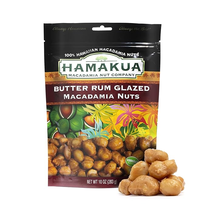 Hamakua Macadamia Nuts - Sweet Glazed Butter Rum - Hawaiian Grown Flavored Dry Roasted Half and
