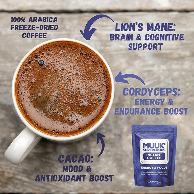 MUUK' SUPERFOODS | Energy & Focus Mushroom Coffee | Organic Freeze-Dried Instant Coffee with Cacao