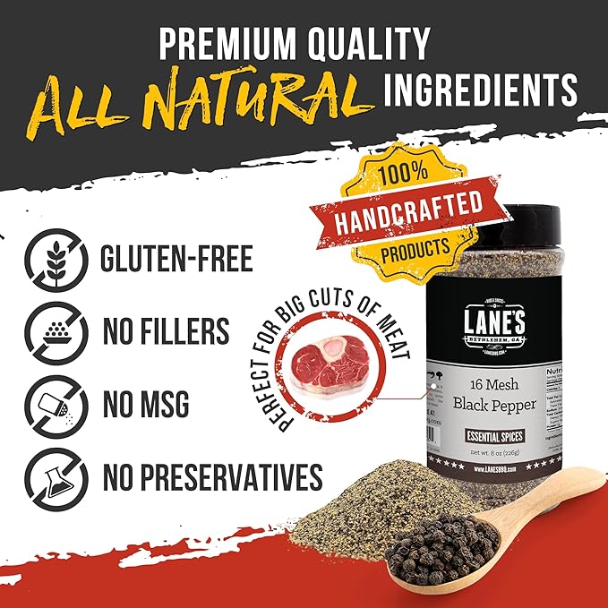 Lane's 16 Mesh Ground Pepper Seasoning, All-Natural Coarse Black Pepper Ground Spice, No