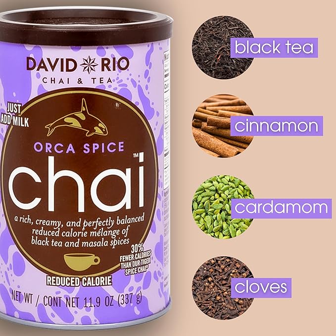Orca Spice Reduced Calorie Chai Tea Latte Mix, 11.9 Oz, Black Tea, Organic Spices, Sugar Free