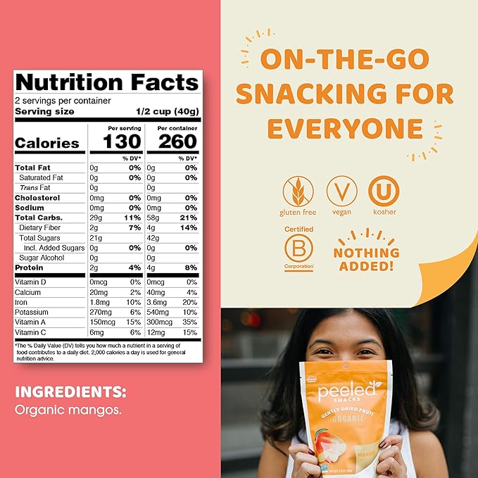 Peeled Snacks Organic Dried Fruit ??Healthy, Vegan Snacks for On-the-Go Lunch and More Mango 2.8 Oz