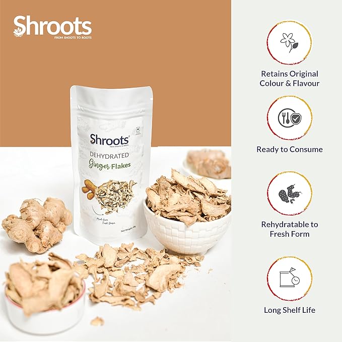 SHROOTS Dried Ginger Flakes ??Organic Substitute for Fresh Ginger Ready to Mix & Consume Supports