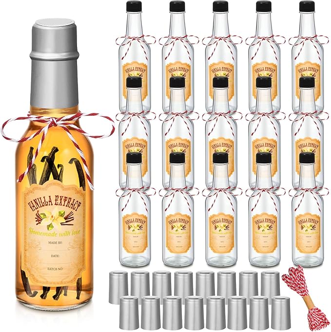 Tioncy 16 Pcs Vanilla Extract Bottles for Homemade Vanilla Jar Glass Bottle with Cap, Shrink Band