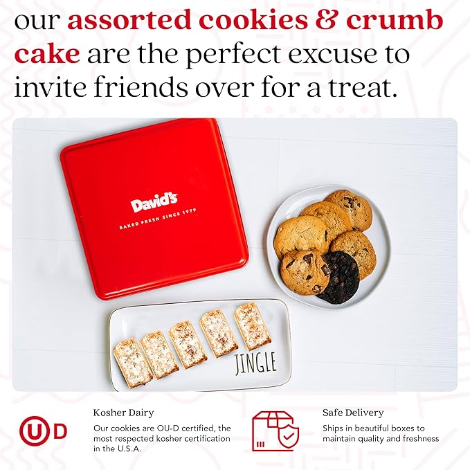 David's Cookies Assorted Fresh Baked Cookies & Crumb Cake Tin - 1Lb Assorted Cookies + 8