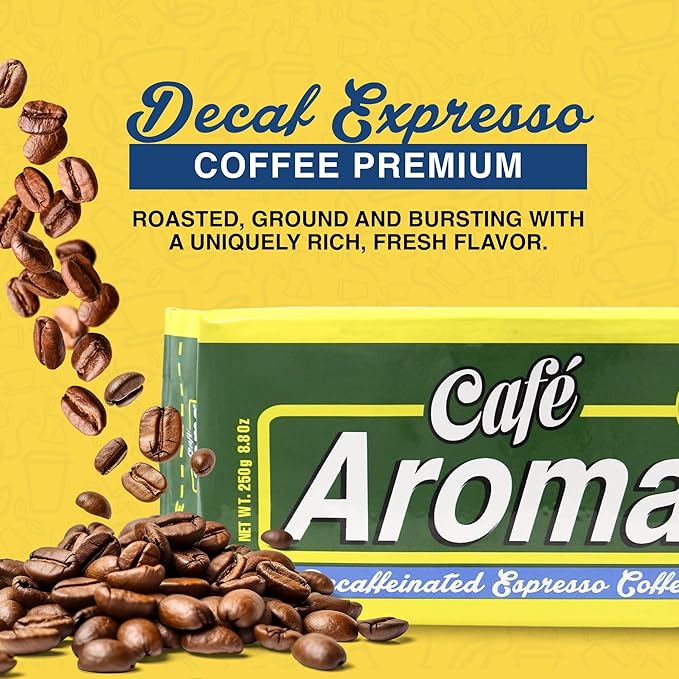 Café Aroma Decaf Dark Roast Espresso Ground Coffee, Authentic Cuban Style Coffee, Vacuum Sealed