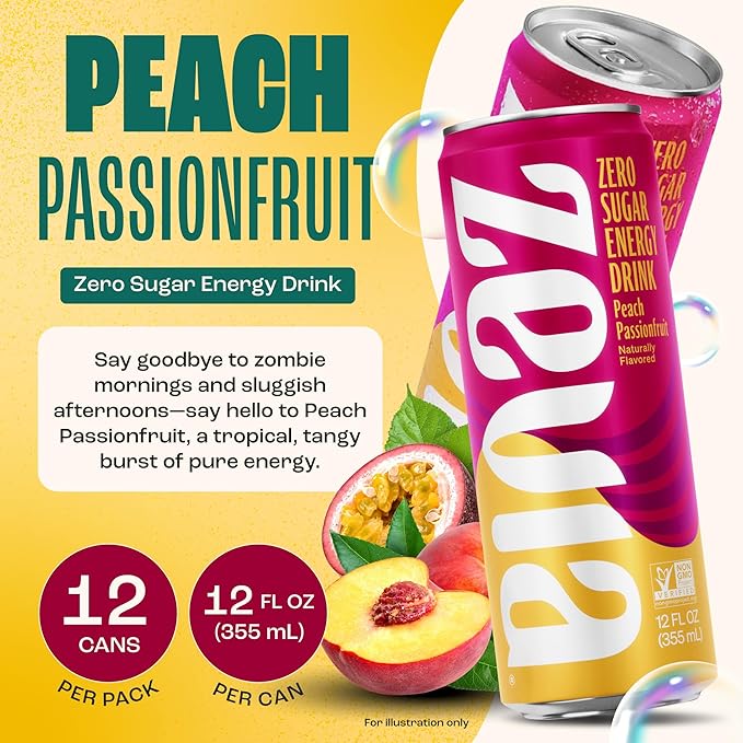 Zevia Zero Sugar Energy Drink, Peach Passionfruit, 12 oz Cans (12-Pack) – Naturally Sweetened