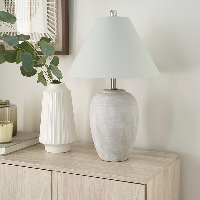 Nourison Home 23" Grey Vintage Distressed Ceramic Pot Table Lamp for Bedroom, Living Room, End