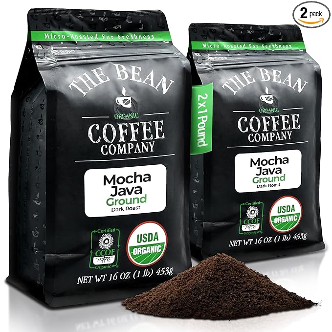 The Bean Organic Coffee Company Suzi's Power Bean, Dark Roast, Ground Coffee, 16-Ounce Bags (Pack