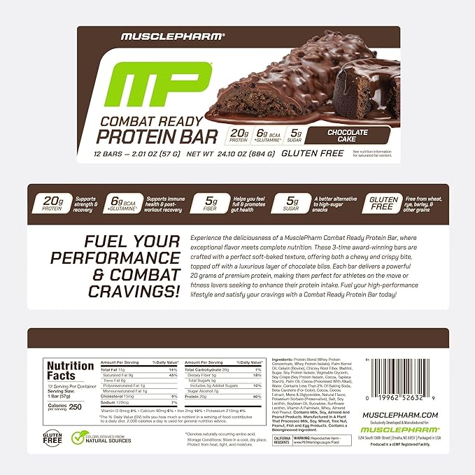 MusclePharm Combat Sport Bar, Chocolate Cake Flavor High Protein Bars, Combat Cravings, Fuel