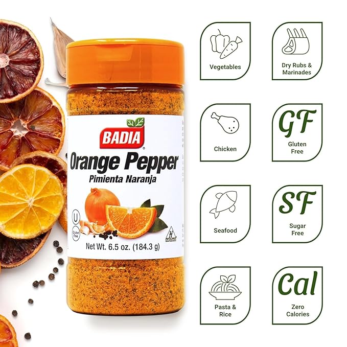 Badia Orange Pepper Seasoning, 6.5 oz - Pepper, Garlic & Onion, Zesty Citrus Blend for Chicken