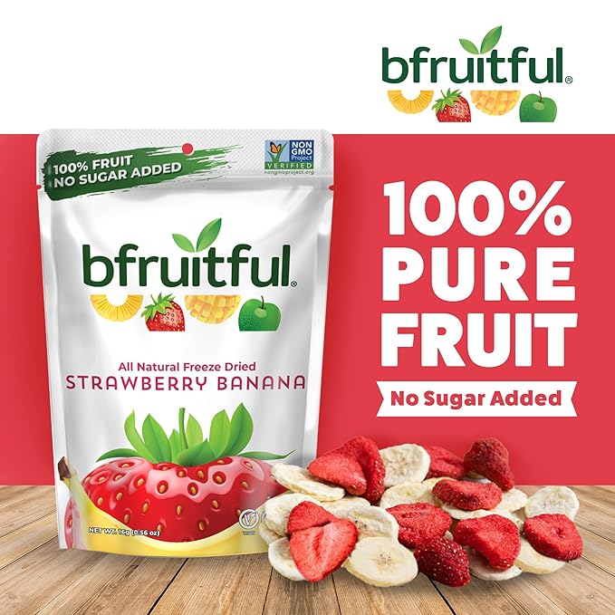 bfruitful Freeze-Dried Strawberry Banana, Freeze Dried Fresh Fruit Bites, Gluten Free, Vegan, Dairy