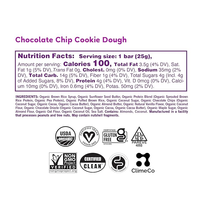GoMacro Kids MacroBar Organic Vegan Snack Bars - Chocolate Chip Cookie Dough (0.90 Ounce Bars, 7