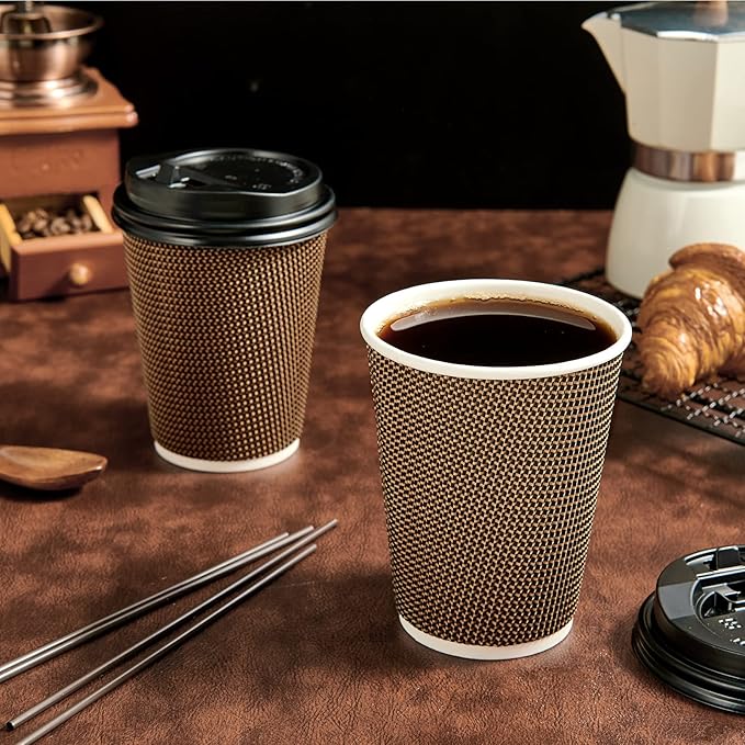 LITOPAK 80 Pack 12 oz Paper Coffee Cups, Insulated Ripple Wall Hot Coffee Cups with Lid and Straws