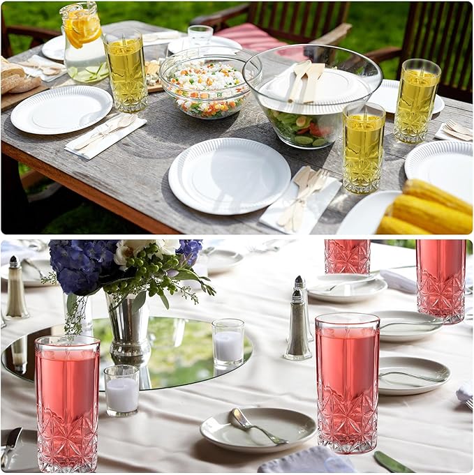 Uiifan Set of 12 Tall Highball Glasses 12 oz Crystal Drinking Glasses Clear Fancy Cups Vintage