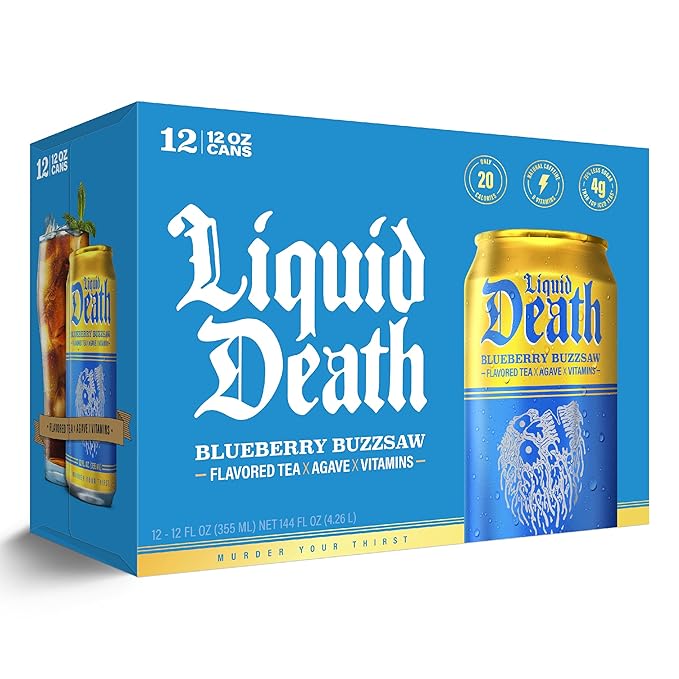 Liquid Death, Blueberry Buzzsaw Flavored Iced Tea, 12-Pack (12 oz Cans), Blueberry Flavored Black
