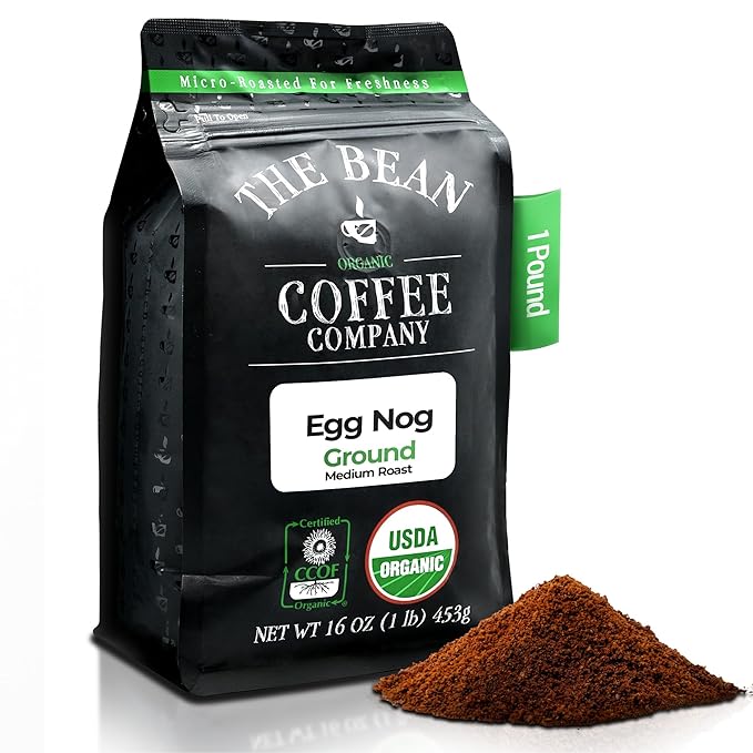 The Bean Organic Coffee Company Egg Nog, Medium Roast, Ground Coffee, 16-Ounce Bag, Café molido