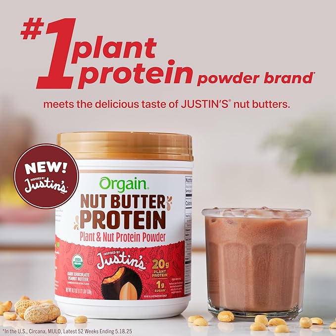 Orgain X Justin's 짰 Organic Vegan Nut Butter Protein Powder, Chocolate Peanut Butter- 20g Plant