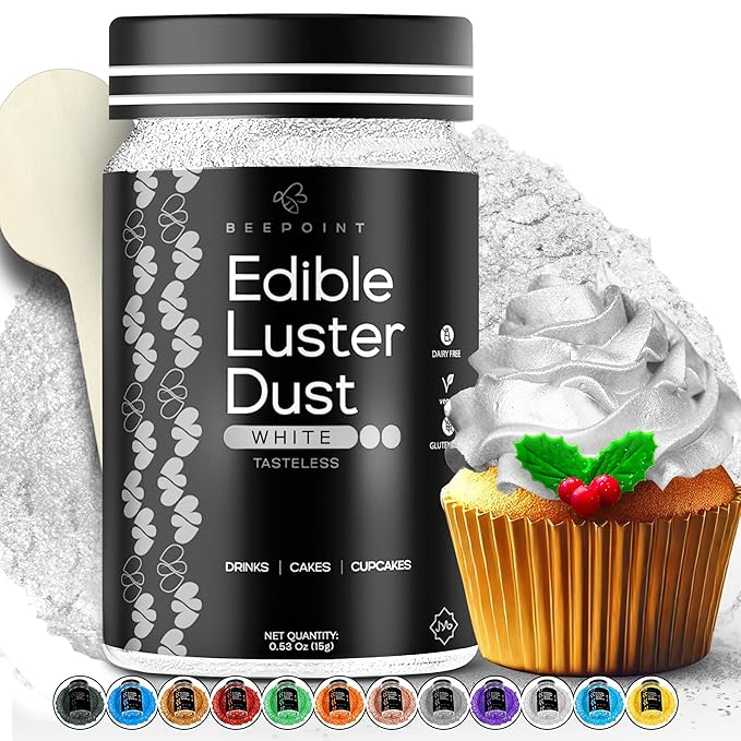 BeePoint White Edible Luster Dust 15g - Food Grade, Vibrant Color Shimmer Powdered Dust for Drinks