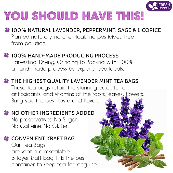 FreshDrinkUS, Premium 35 Tea Bags Lavender Mint Tea, 100% Natural, Blend of Lavender, Peppermint