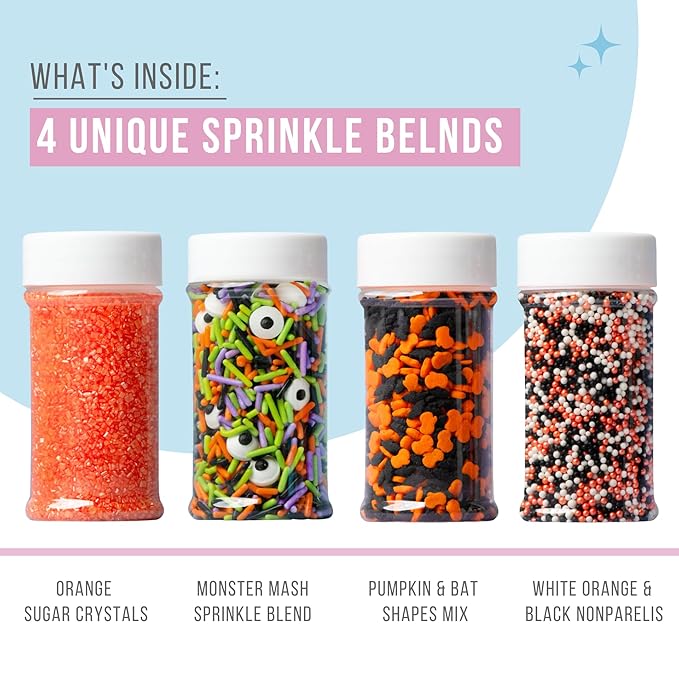 Sweets Indeed Halloween Sprinkles 4-Pack ??10.90 oz Jar Set | Candy Eyeball Mix, Bat & Pumpkin Quin