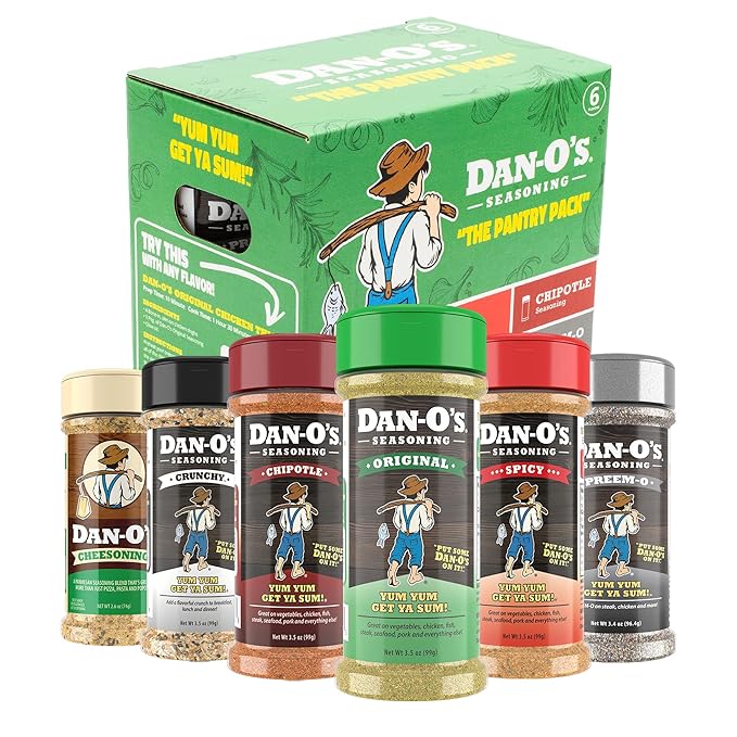 Dan-O's 6 Bottle Seasoning Set, Small Bottles, 6 Pack, Includes Original, Spicy, Chipotle, Crunchy