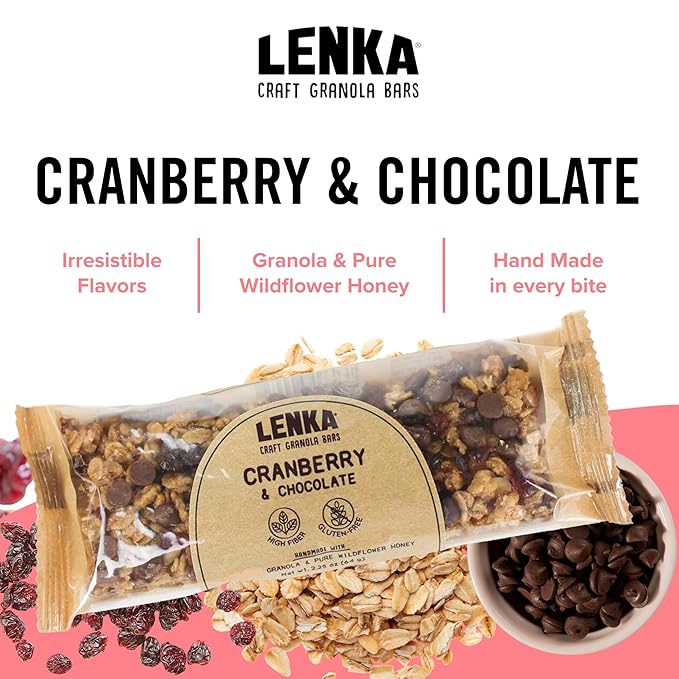 Lenka Bars - Cranberry Chocolate Snack Bars, Gluten Free, High Fiber, Kosher, Wholesome, No
