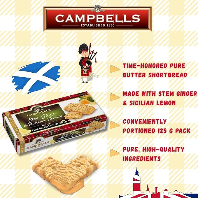 Campbells Shortbread with Stem Ginger & Sicilian Lemon 4.41 Oz (Pack of 3) - Pure Butter Scottish