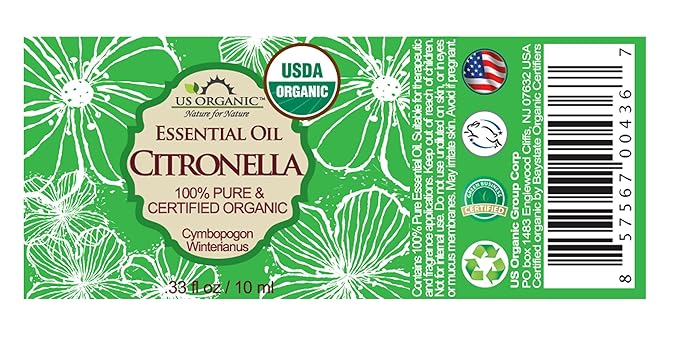 US Organic Citronella Essential Oil, USDA Certified, 100% Pure, 10 ml Pack of 2, Improved caps and