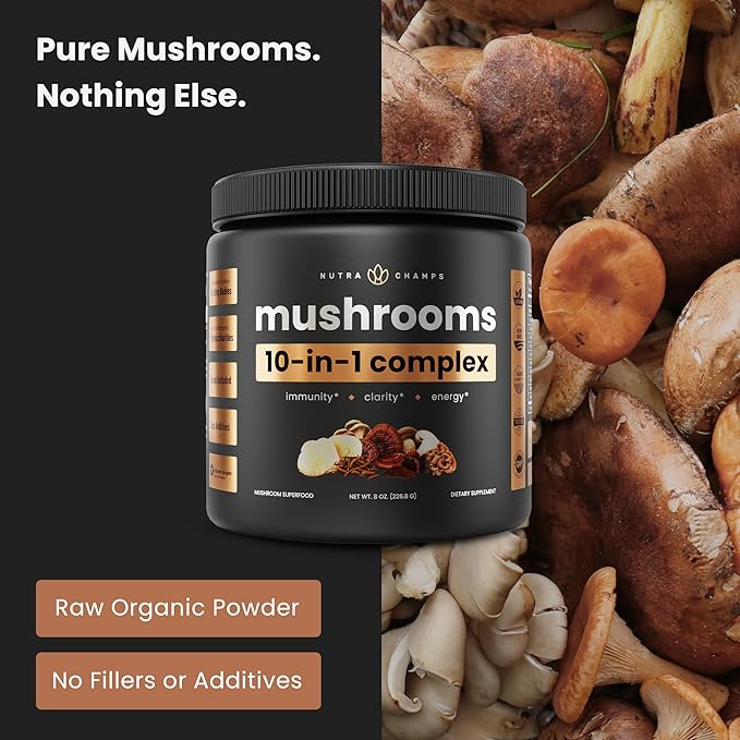 NutraChamps Organic Mushroom Powder - 10-in-1 Complex - Mushroom Supplement Powder Blend for