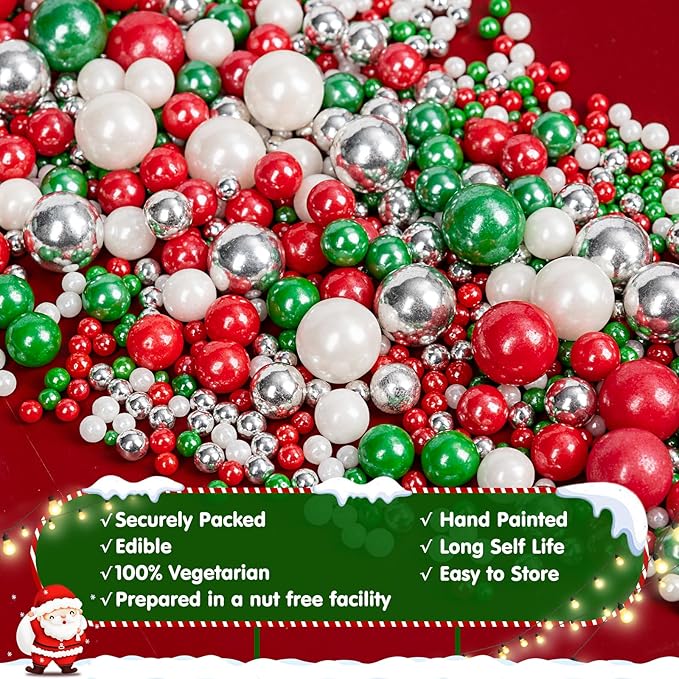 Christmas Sprinkles Pearls for Cake Decorating,130g Red Green White and Silver Pearl Mixed,Edible