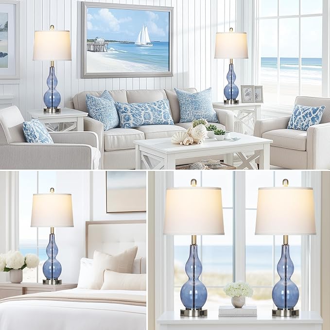 27.5" Coastal Blue Glass Double Gourd Table Lamp Set of 2,3-Way Dimmable Touch Control Bedside