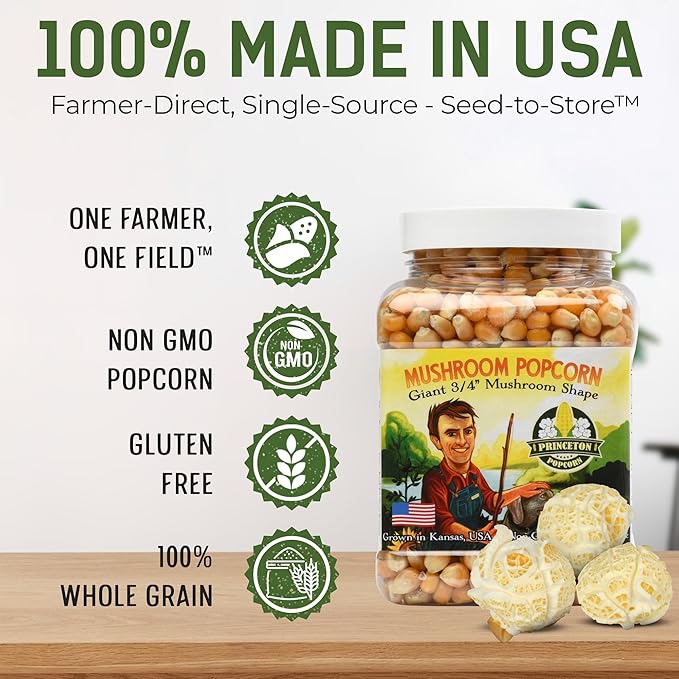 Princeton Popcorn Mushroom Popcorn Kernels - Farmer Direct, Non-GMO, Gluten Free, Un-Popped, Ball