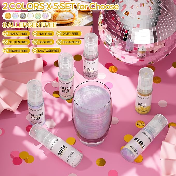 Edible Glitter Spray,2 Colors Gold & Iridescent Food Grade Edible Glitter Set for Drink Cake