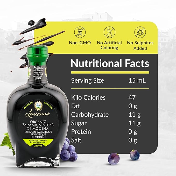 Louianna - Organic Balsamic Vinegar of Modena, High Polyphenol Aged Balsamic Vinegar, Aromatic