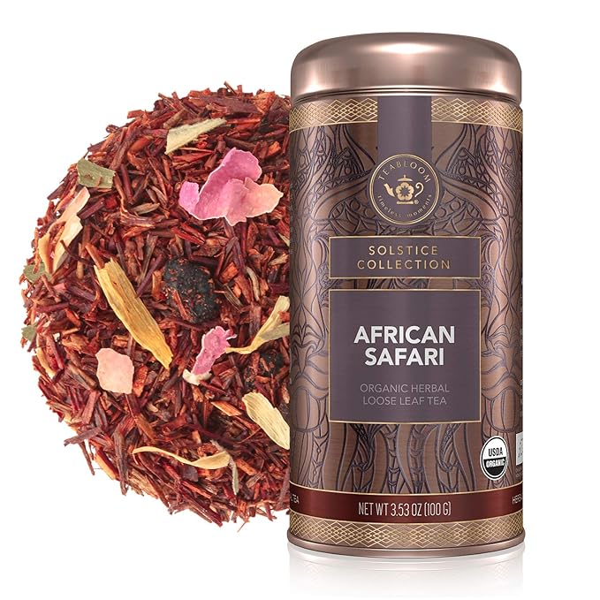 Teabloom Organic Herbal Tea, African Safari Loose Leaf Tea, Sweet Rooibos Blend with Berry Flavors