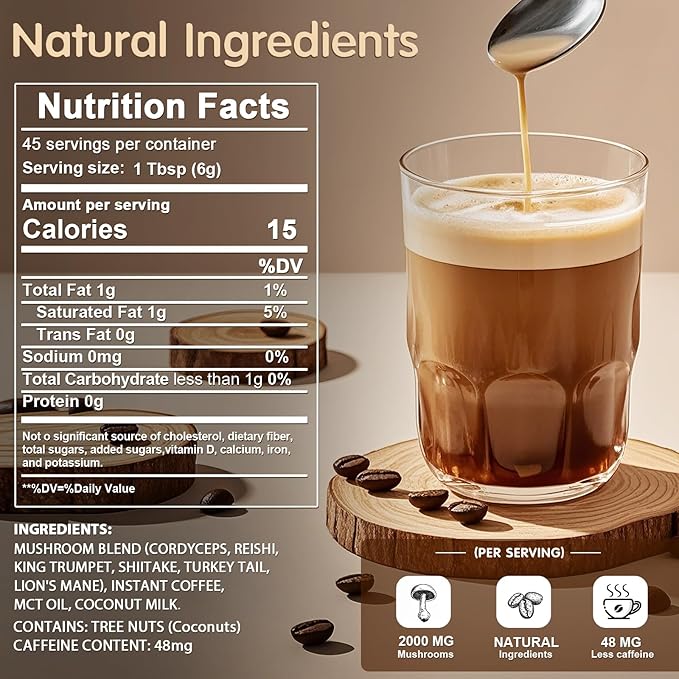 Mushroom Coffee, 6 Adaptogenic Mushrooms with Lion's Mane, Cordyceps, Turkey Tail & More, Instant