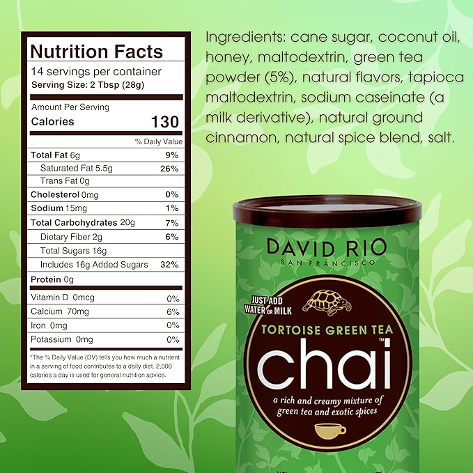Tortoise Green Tea Chai Tea Latte Mix, 14 Oz, Green Tea, Organic Spices, Dairy Free, Serve Hot or