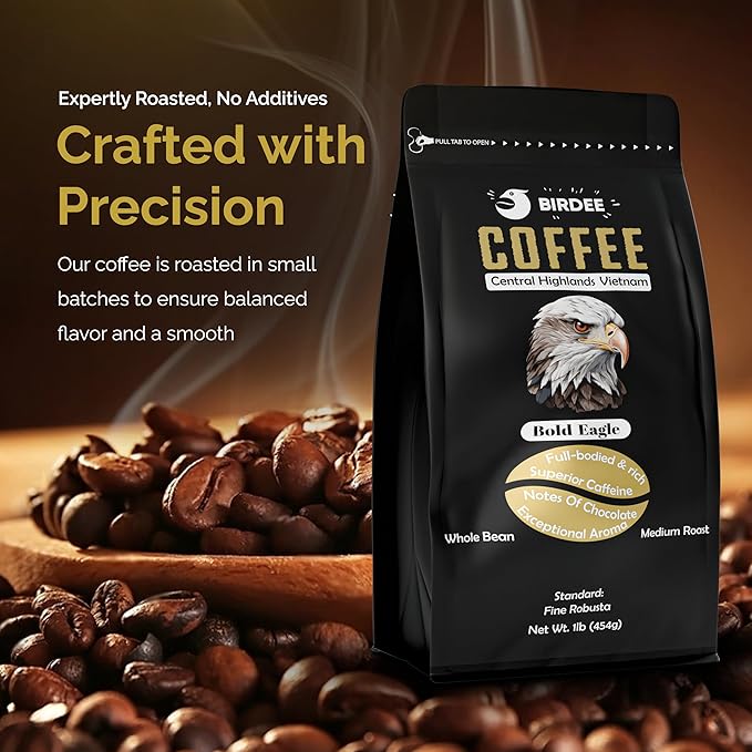 Birdee Robusta Coffee Beans ??16 oz, Medium Roast, Whole Bean, 100% Robusta, Low Acid, High