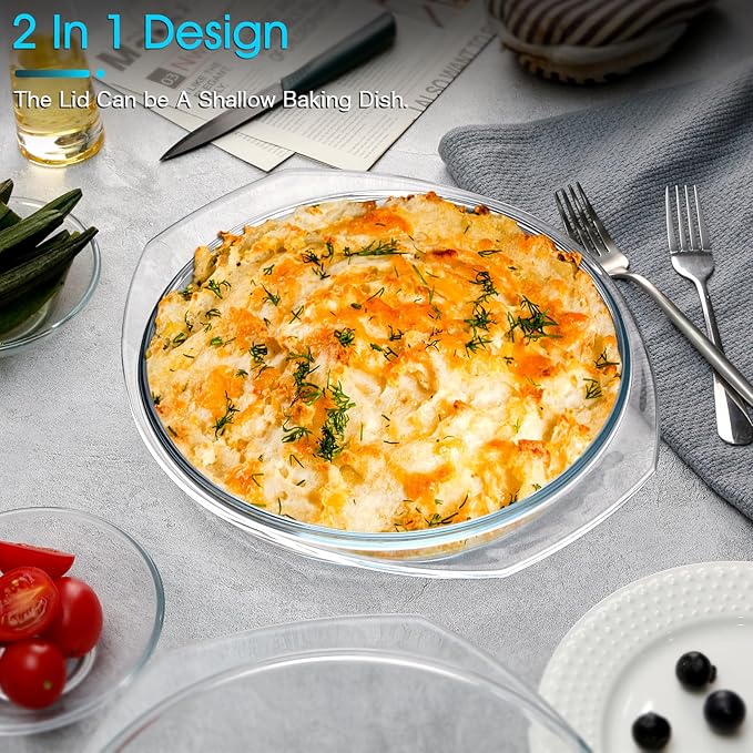 NUTRIUPS 3QT Round Glass Casserole Dish with Lid, Tempered Glass, 10inch Large Glass Microwave