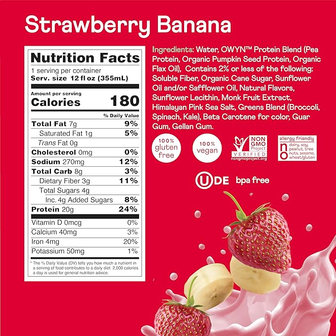 OWYN Only What You Need Vegan Protein Shake, Strawberry Banana,12 Fl Oz (Pack of 12), 100-Percent